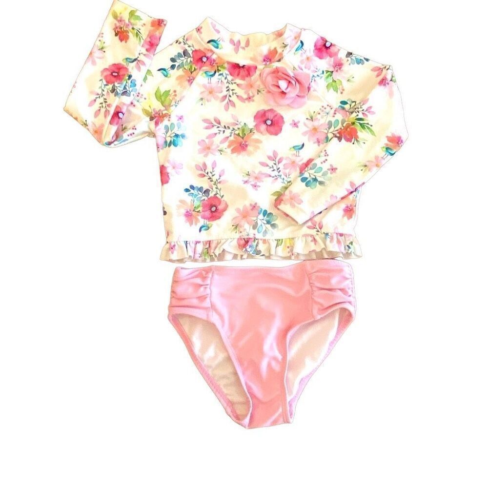 Little Me Floral Swimsuit 2 Piece Long Sleeve Rash guard Size 24 M